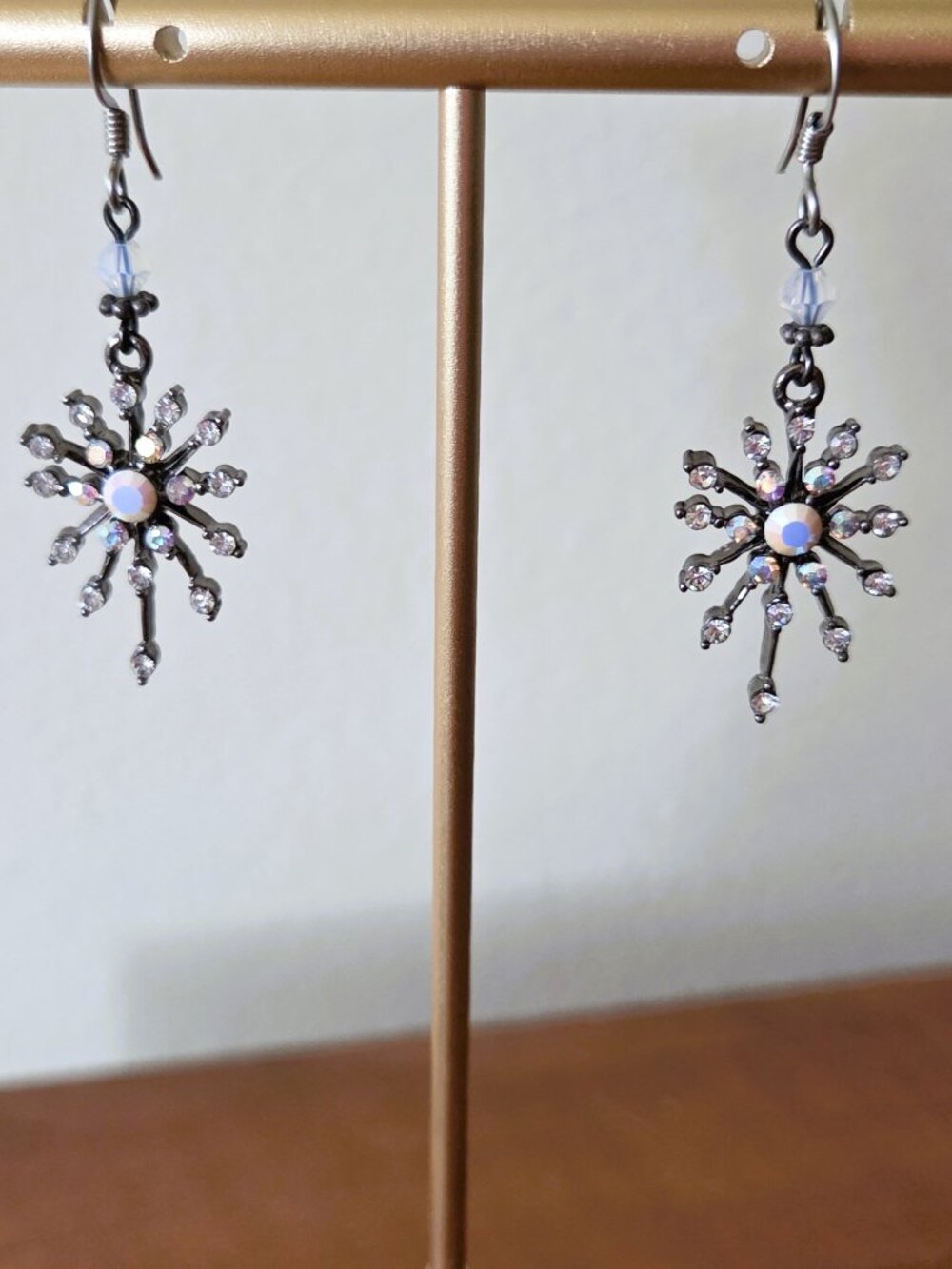 Dangle Earrings Dark Silver Antique Tone with Iridescent Crystals Galaxy Star Bu